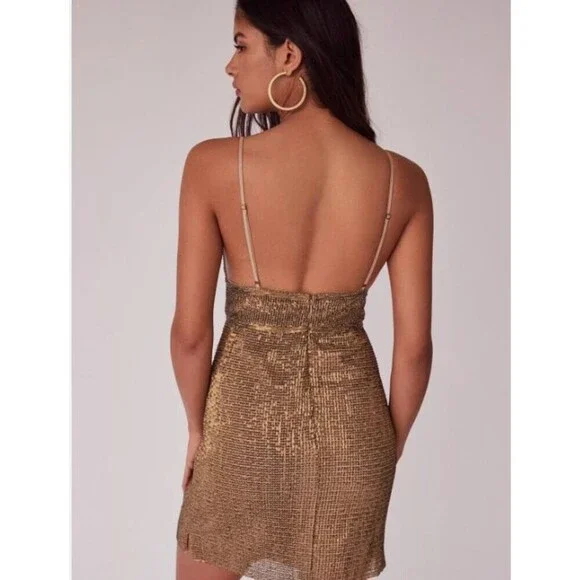 NEW FREE PEOPLE X SAYLOR Sz X-Small FRANKIE SEQUIN MESH MINI SLIP DRESS Gold - Picture 3 of 13